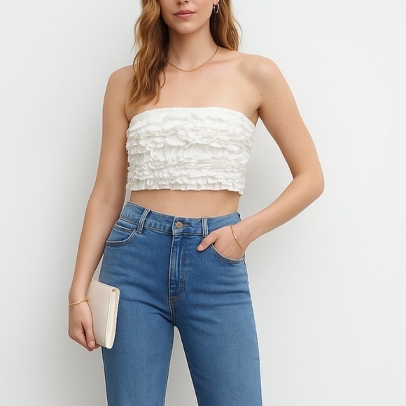 Zara White Ruffle Bandeau Tube Top XS Strapless Cropped Boho Festival - Picture 1 of 5